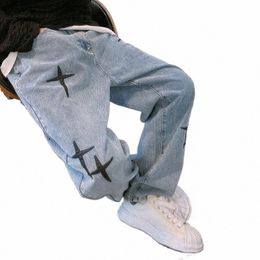 men's Straight Slacks Korean Fi Baggy Jeans Hip Hop Loose Wide-leg Pants Elastic Waist Student Denim Trousers G5A3#