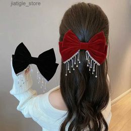 Hair Clips New Big Bow Bling Rhinestone Tassels Hair Clip Satin Hairpins Barrettes Ponytail Clip Elegant Shiny Double Bow Hairpin Heawear Y240329