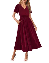 Party Dresses Dress For Women Summer Fashion Solid Colour V-Neck Short Sleeve Swing Casual Long