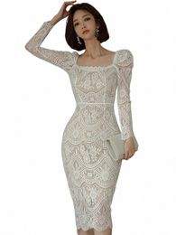 elegant Party Lace Dr Spring Black White Square Neck Full Sleeve High Waist Sheath Temperament Office Women's Dres E7WE#