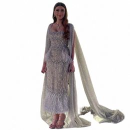 shar Said Bling Gray Mermaid Arabic Evening Dr with Cape Luxury Feather Dubai Formal Dres for Women Wedding Party SS279 N0ci#