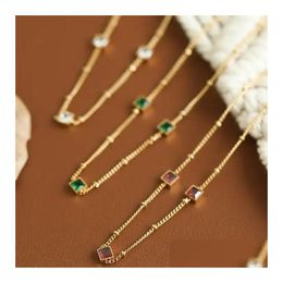 Chokers Luxury 18K Real Gold Plated Emerald Choker Stainless Steel Green Cubic Zirconia Cz Square Crystal Necklaces Vintage Necklace D Dhdkj