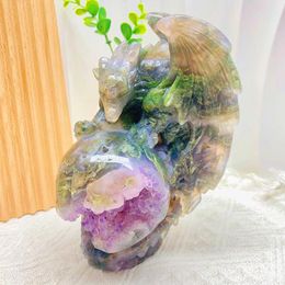 Decorative Figurines Natural Crystal Moss Dragon Sculpture Polishing Wholesale Repair High-quality Home Decoration