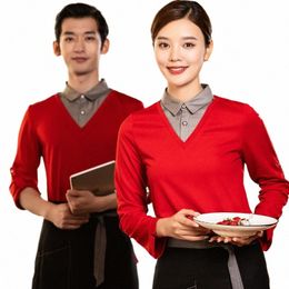 fake Two-Piece T-shirts Lg Fast Food Restaurant Tea House Catering Waiter Workwear Autumn and Winter Shirt Hot Pot I0Kl#