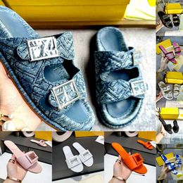 2024 Summer slide New Double Strap Flat Sandals slide shoes Decorative Denim Buckle and Antique Blue Material Embellishment Quilted Pattern Size 35-42 with Box