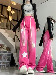 Women's Jeans Vintage Drawstring Pink Y2k Baggy Women American Style Star Printing Streetwear Denim Pants High Waist Trousers