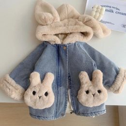 Jackets Sweet Cartoon Jacket Girl's Autumn Winter Long Sleeve Plush Inner Hoodie Denim Top Cute Pocket Zipper Design Outwear