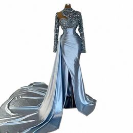 exquisite Fascinating Evening Dres Gorgeous Beading Simple High Collar Fi Lg Sleeved High Split Prom Gowns For Women i3vS#