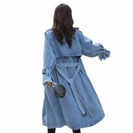 women's Denim Trench Coat 2023 Autumn Double Breasted Belted Casual Jean Overcoat Loose Lg Windbreaker Jacket Couple Models V0id#