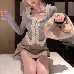 Women's T Shirts Women Ruffled Shirt High Waist Korean Fashion Spring Autumn Elegant Long Sleeve Tshirts Slim Fit Lace Patchwork Tees Sweet