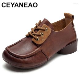 Dress Shoes Retro Genuine Leather Ethnic Women Autumn Spring Suede Flats Round Toe Heels Comfy Llace Up Novelty Summer