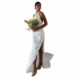 lsyx Холтер Sleevel Простое свадебное платье русалки Dr Satin с открытой спиной и высоким боковым разрезом длиной до пола, свадебное платье на заказ 39jL #