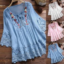 Women's T Shirts Elegant Women Lace Cotton Tops Summer Fashion Short Sleeve Loose Fit Blouses Casual Up V Neck Floral Embroidery