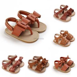 Sandals 2023 Summer New Sandals for Baby Girls Brown Bow Decoration Anti slip Rubber Soft Sole Flat Shoes PU First Walker Newborn 0-18M 240329