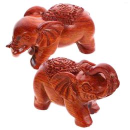 Decorative Figurines 2pcs Wooden Carved Elephant Sculpture Desk Figurine Wood Animal Crafts