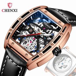 Dawn Watch Mens mechanical barrel shaped hollow full-automatic leather waterproof luminous Tiktok watch Men