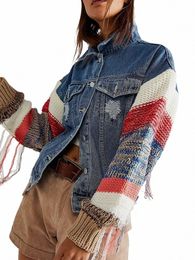 kbq Knitting Distred Streetwear Jackets For Women Lapel Lg Sleeve Spliced Raw Hem Hit Color Denim Striped Coats Female New T4y2#