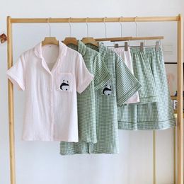 Home Clothing Plaid Shorts Pajamas Sets For Men And Women Summer Cotton Thin Short Sleeve Shirt Tops With Couples Loose Clothes