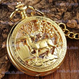 Other Watches Golden Hollow Deer Pattern Mechanical Pocket Vintage Double Side Steampunk Fob Clock Male Necklace Chain Women Men T240329