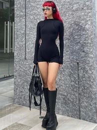 Solid Black Rompers Womens Jumpsuit High Waist Hollow Out Bodycon Playsuit Long Sleeve Sexy Bodysuit Y2k Ropa De Mujer 240320