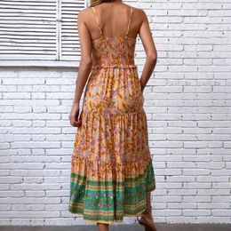 Casual Dresses Elastic Bust Maxi Dress Ethnic Style With Shirring Patchwork Detail A-line Beach For Women Vacation Strappy