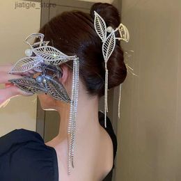 Hair Clips 2023 Sliver Leaf Hair Claw Vintage Long Pendant Simple Solid Colour Ponytail Tassel Claw Clip Woman Headwear Hair Accessories Y240329