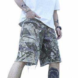 men's Graffiti Ripped Short Jeans 2023 Summer New Fi Casual Slim Big Hole Retro Style Denim Shorts Male Brand Clothes N3fk#