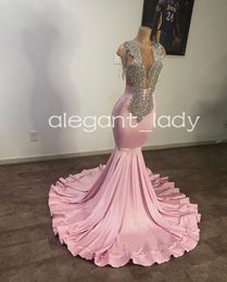 Pale Pink Sparkly Long Mermaid Prom Ceremony Dresses for Black Girl 2024 Sparkly Diamond Tassel Evening Birthday Party Gown