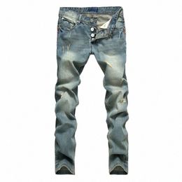 new Fi Hole Jeans Denim Men Lg Regular Trousers Straight Ripped Distred Pants Masculino Casual Brand Simple Plus Size C73C#