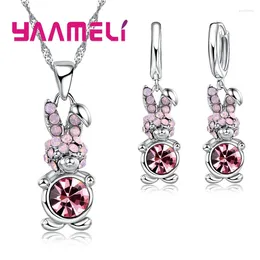 Necklace Earrings Set Unique Pink Pendant Sets 925 Sterling Silver For Women Wedding Engagement Party