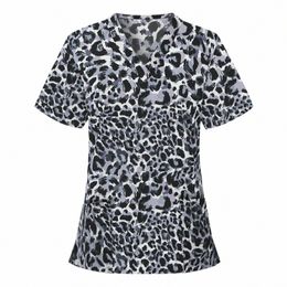 women's Short Sleeves Working Uniform V-neck Blouse Top Leopard Nurse Tunic Uniform Clinic Carer V-neck Protective Clothing Tops B692#