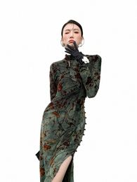 cheerart Vintage Green Floral Bodyc Chegsam Dr Lg Sleeve Midi Ladies High Slit Qipao Dres Womens Fi Clothes H3mH#