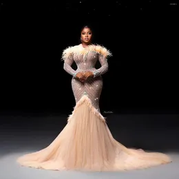 Party Dresses Luxury Beading Mermaid Prom Plus Size African Feathers Off The Shoulder Formal Dress Aso Ebi Women Wedding Gowns