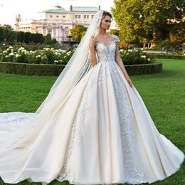 Gorgeous Lace Ball Gown Wedding Dresses Beaded Sheer Bateau Plus Size Appliqued Bridal Gowns Buttons Back Cathedral Vestido De Novia BA