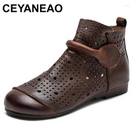 Casual Shoes Spring Genuine Leather Hollow-out Boots Retro Round Toe Breathable Sandals Versatile Women Flat