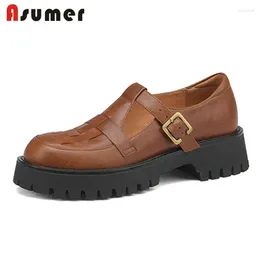 Casual Shoes Asumer 2024 Arrive Loafers Women Flat Platform Buckle Round Toe Genuine Leather Spring Vintage Single Lady
