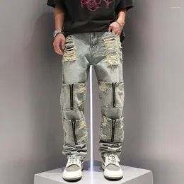 Men's Jeans American Retro Distressed Multi Pocket Straight Leg High Street Hip-hop Pants Baggy Ripped Cargo Men