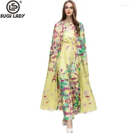 Work Dresses Women's Runway O Neck Sleeveless Printed Elegant Vestido With Long Floral Cape Outerwear