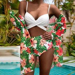 Women's Swimwear Printed Beach Cardigan Beachwear Floral Print Bikini Set With High Waist Briefs Cross Sling Bra Cover-up For