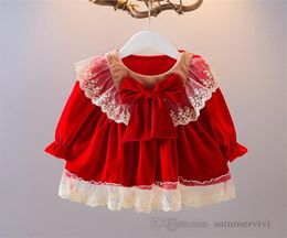 Baby Girls Bows christmas party dresses lolita toddler kids splicing lace gauze embroidery falbala dress children red velvet 1st b1729302