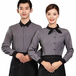 cross Collar Shirt Lg Sleeve Catering Waiter Workwear Autumn and Winter Hot Pot Restaurant Milk Tea Barbecue Snack Canteen Tak z9tl#