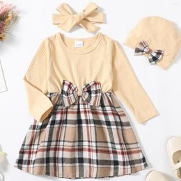 Clothing Sets 0-3Y Baby Clothes Sister Matching Outfits Solid Colour Ribbed Patchwork Plaid Dress With Caps Headband 3Pcs Children