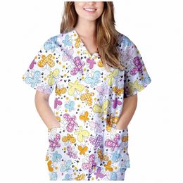 women Heart Print Blouse Carto Cute Animal Print Nurse Working Uniform Casual Short Sleeve Scrubs Tops V-neck Carer Femme Top C5hW#