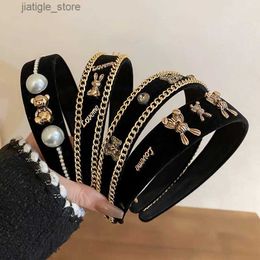 Hair Clips New Bohemian Retro Bear Rabbit Rhinestone Pearl Hair Band Retro Metal Chain Headband Fashion Hair Accessories Female Y240329