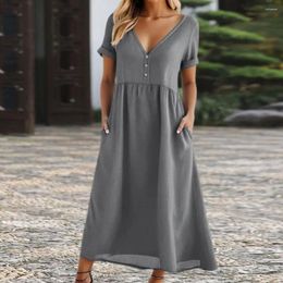 Party Dresses Women Summer Dress Loose Hem Pure Color V Neck A-line Short Sleeves Tight Waist Pockets Vacation Beach Maxi