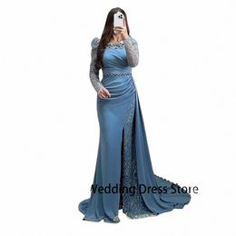 thinyfull Satin Mermaid Evening Party Dr Lg Sleeve Pleat Prom Gowns Arabic Bead Celebrity Prom Gown Side Slit Events Dr B42C#