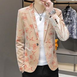 Men's Suits HOO 2024 Spring Rose Print Blazer Youth Slim Fit Handsome Fashion Casual All-Match