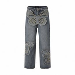 butterfly Patches Embroidered Wed Straight Vintage Baggy Fitting Jeans for Men High Street Distred Jeans Pants Women h5kt#