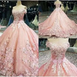 Pink Quinceanera Dresses Newest D Floral Applique Handmade Flowers Beaded Off The Shoulder Short Sleeves Prom Formal Evening Ball Gown BC