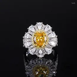 Cluster Rings 8x10mm Oval Shape Yellow Citrine Colour Crushed Cut High Carbon Diamond 5A Zircon 925 Sterling Silver Women Ring